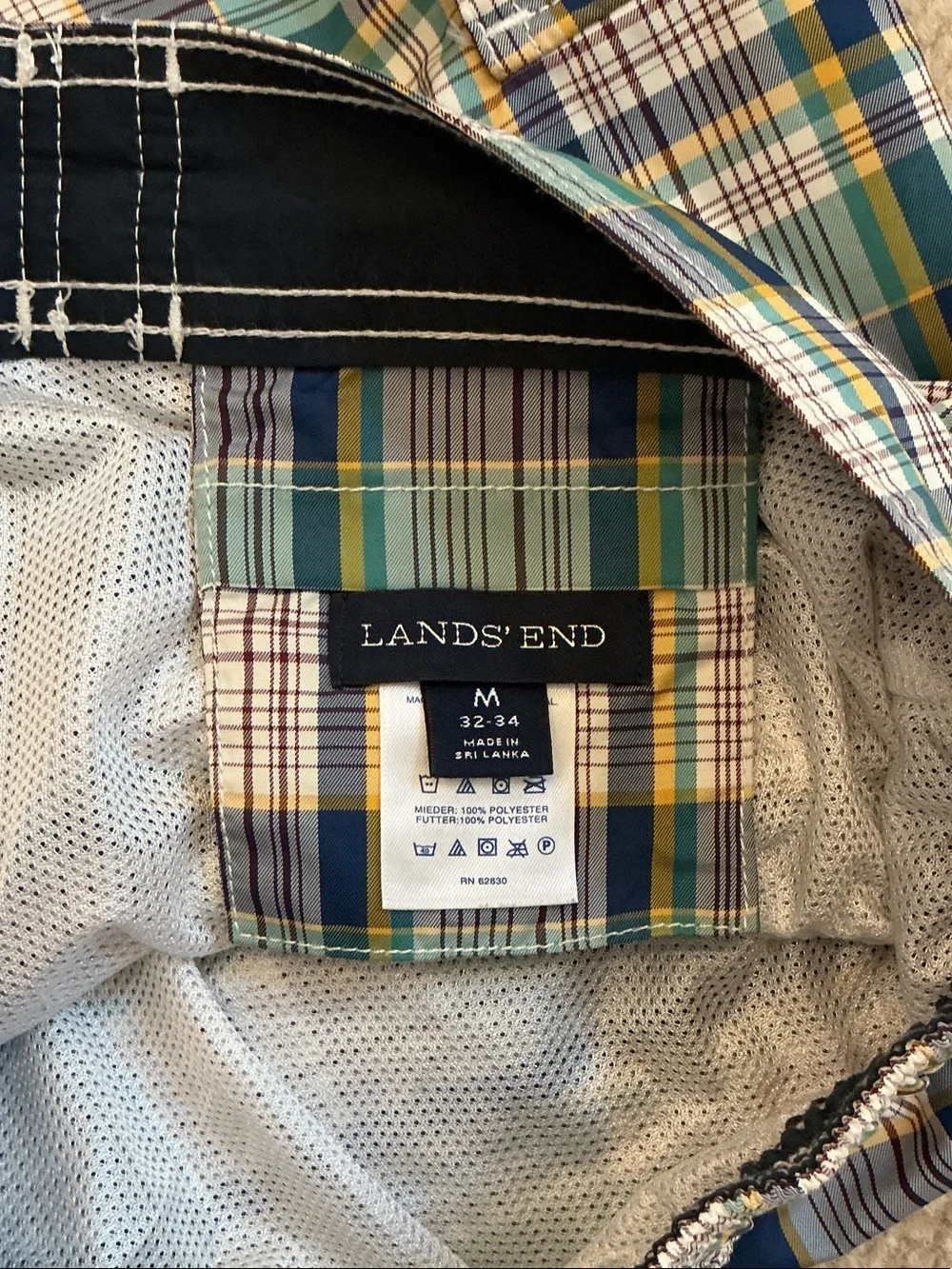 Lands' End Men's Plaid Swim Board Shorts in Teal, Navy & White - Size M 32-34